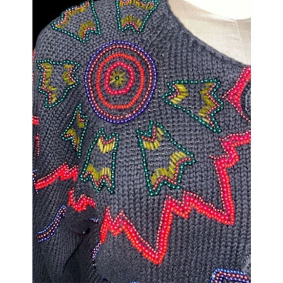 New York News Abstract Beaded Cardigan Vintage Sz. L Starburst Boxy, Y2K - Picture 6 of 11